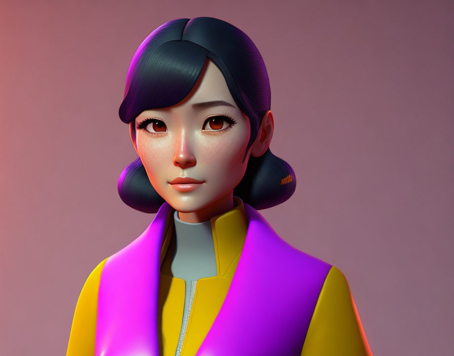 Stylized Female Character in Purple and Yellow Jacket on Warm Background