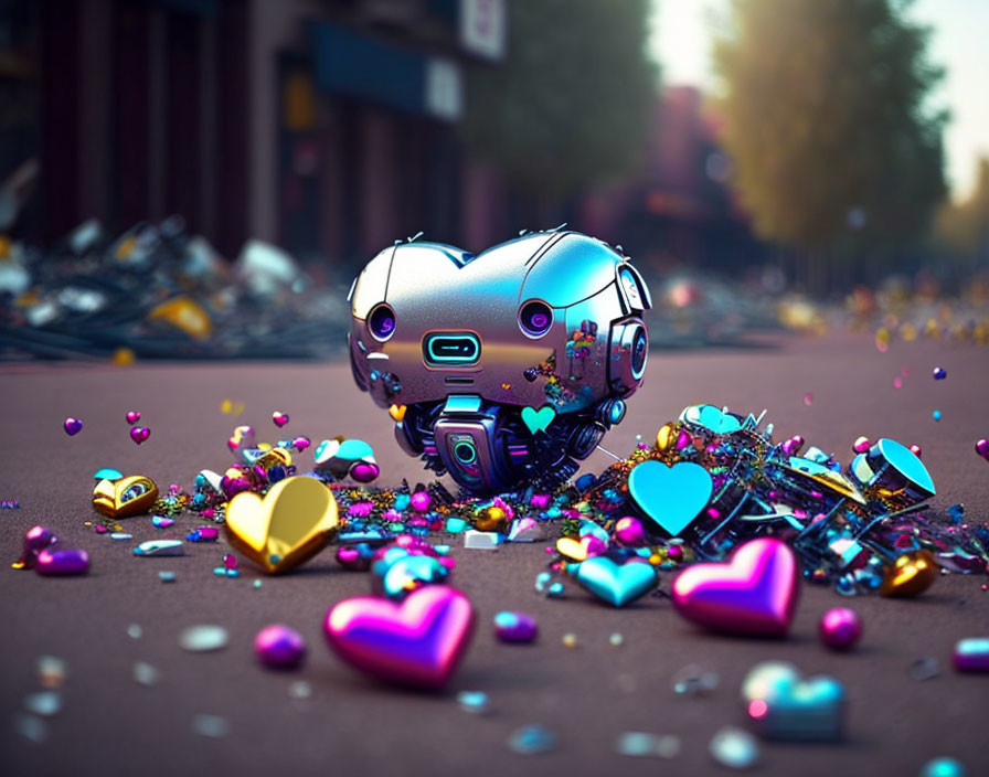 Colorful Hearts and Candies Surround Whimsical Heart-Shaped Robot