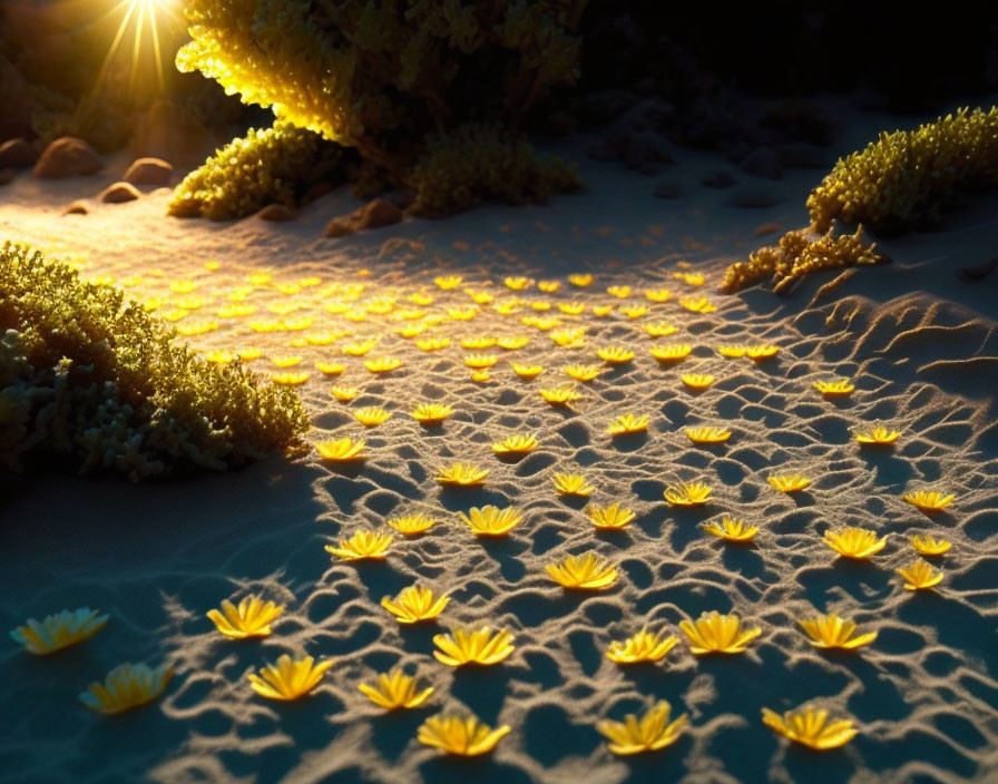 Natural sunlight through plants casting shadows on sand with yellow flowers.