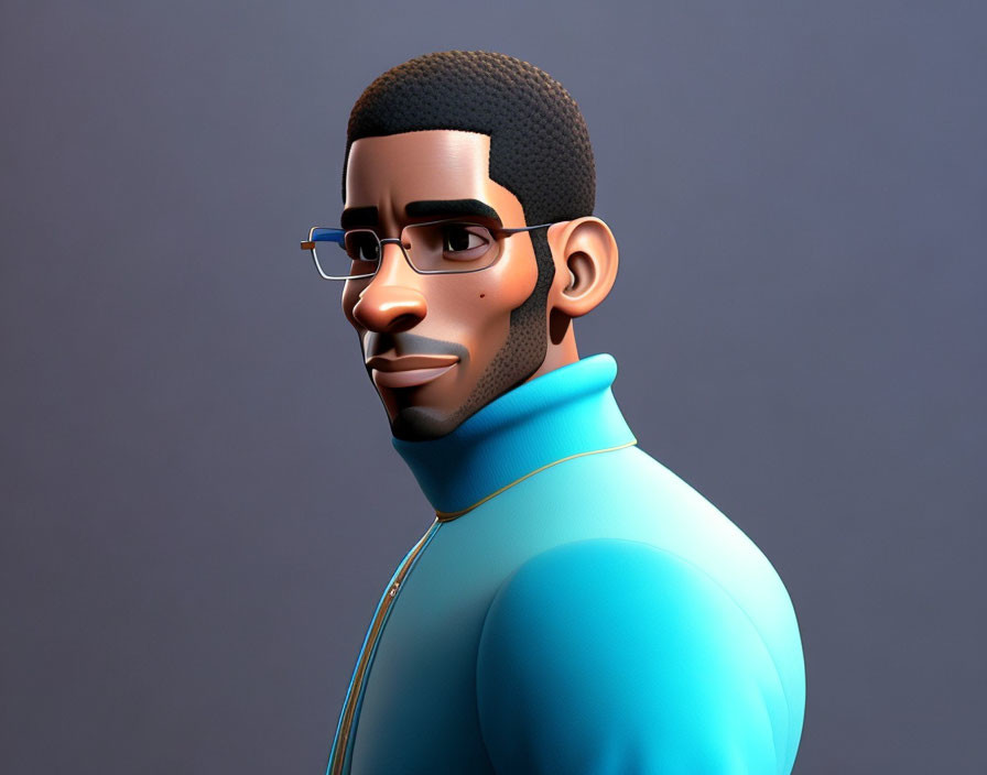 Man with glasses and goatee in 3D animation on gray background