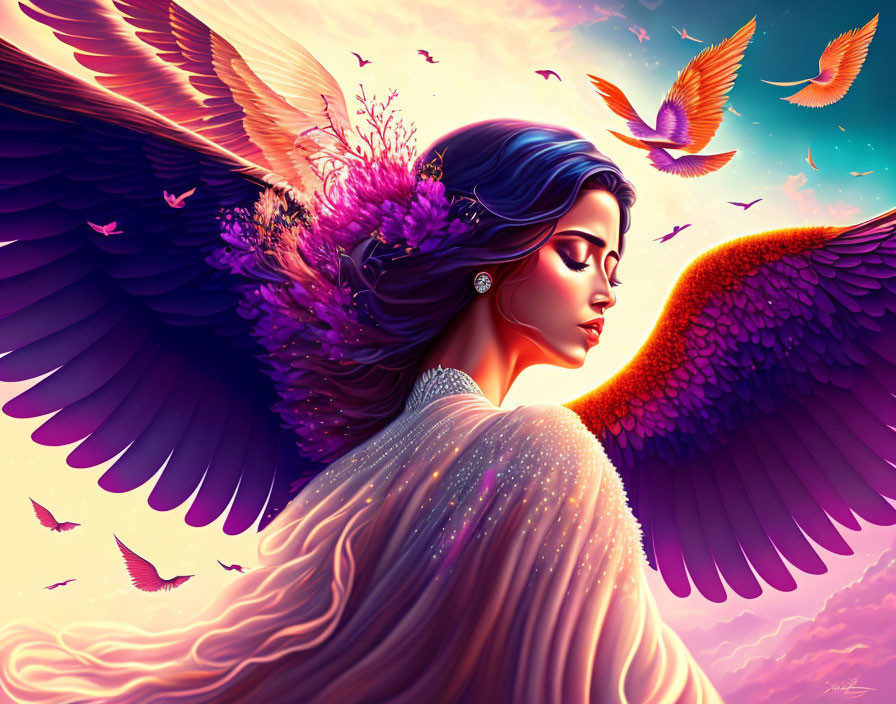 Illustration of woman with angel wings and birds in vibrant sunset sky