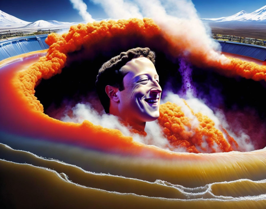 Person's face merges with erupting volcano in surreal image