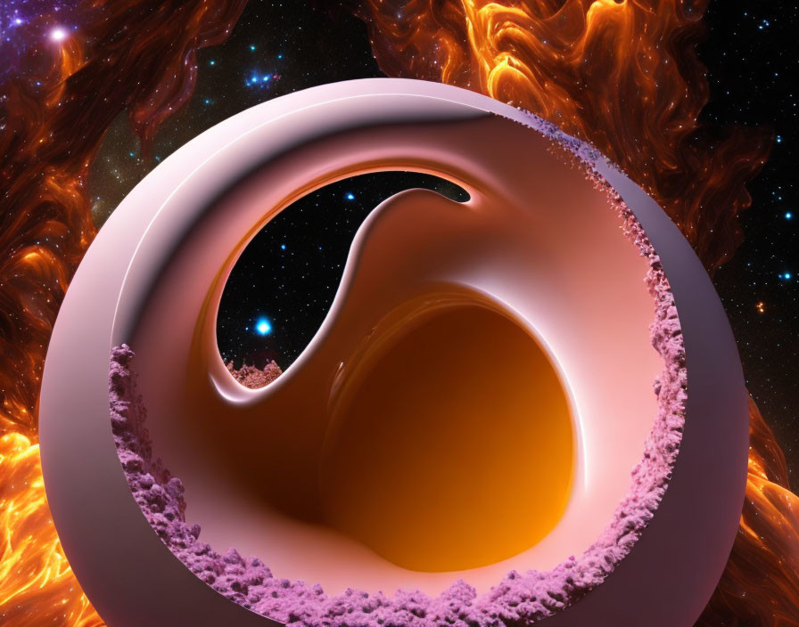 Surreal 3D illustration: swirling vortex with fiery starry background