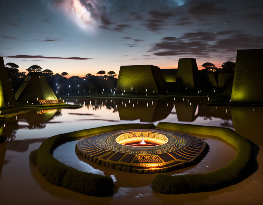 Nighttime View of Ancient Pyramids Reflected in Serene Water