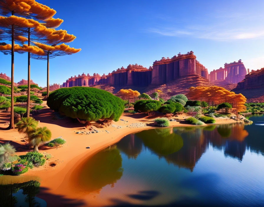 Picturesque desert oasis with greenery, red rocks, sand dunes, and blue pond
