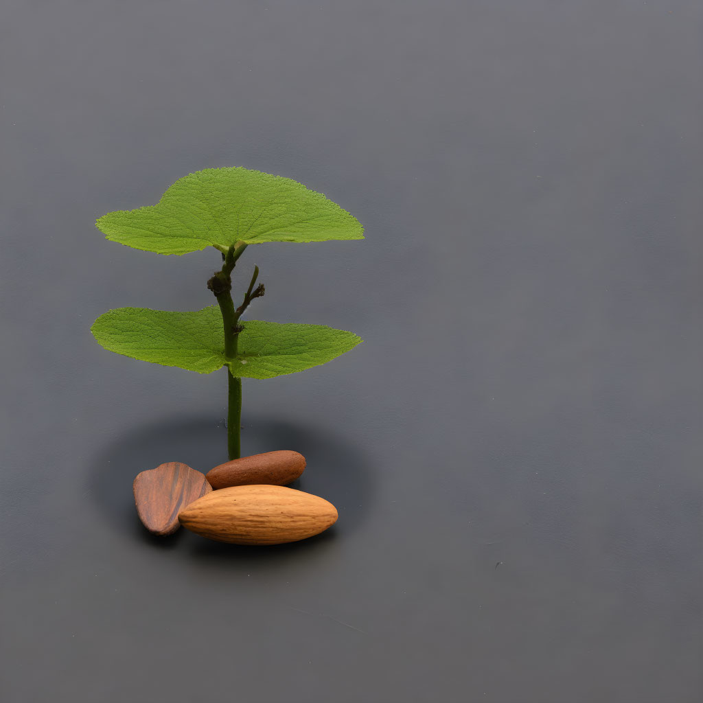 Green leaves plant and almonds on gray surface