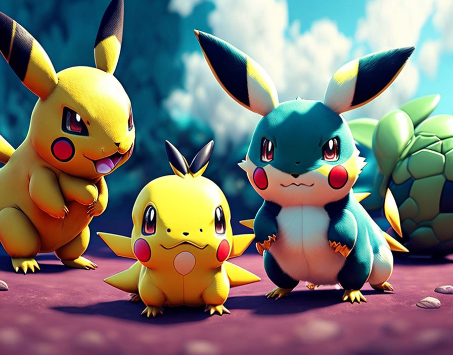 Vibrant Pokémon characters Pikachu, Pichu, and Swinub in playful scene