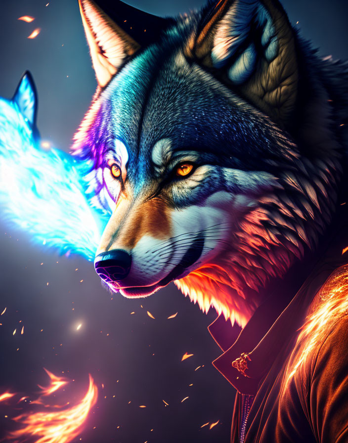 Vibrant anthropomorphic wolf with blue flame in fiery backdrop