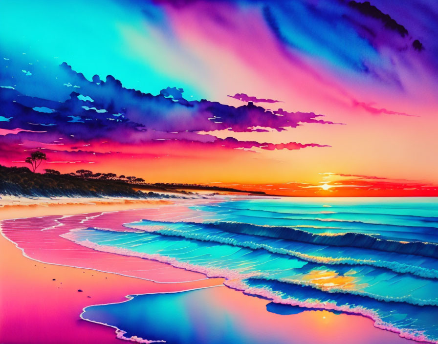 Vibrant beach sunset with pink, purple, & blue hues reflecting on ocean waves