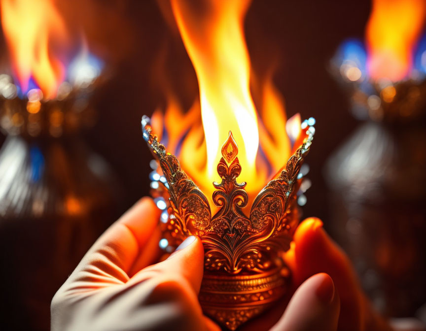 White-gloved hands holding flaming ornate object on dark background