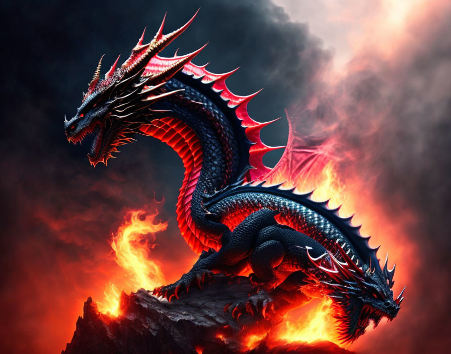 Majestic red and blue dragon on rocky outcrop with flames and smoke against red sky