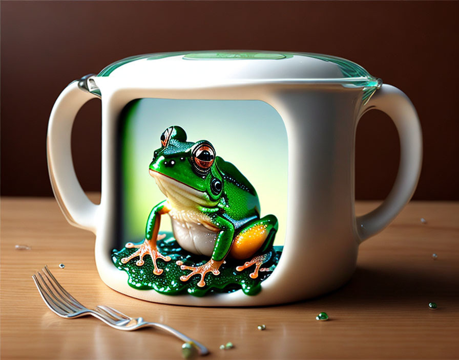 White Mug with Green Frog Image on Wooden Surface beside Fork