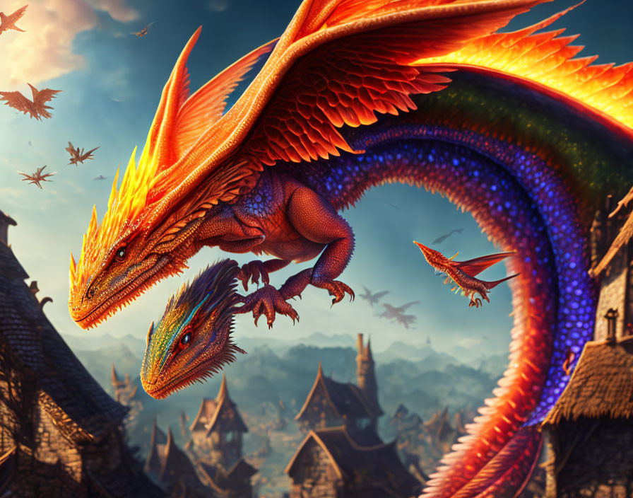 Illustration of two dragons on castle with fiery scales in fantasy setting