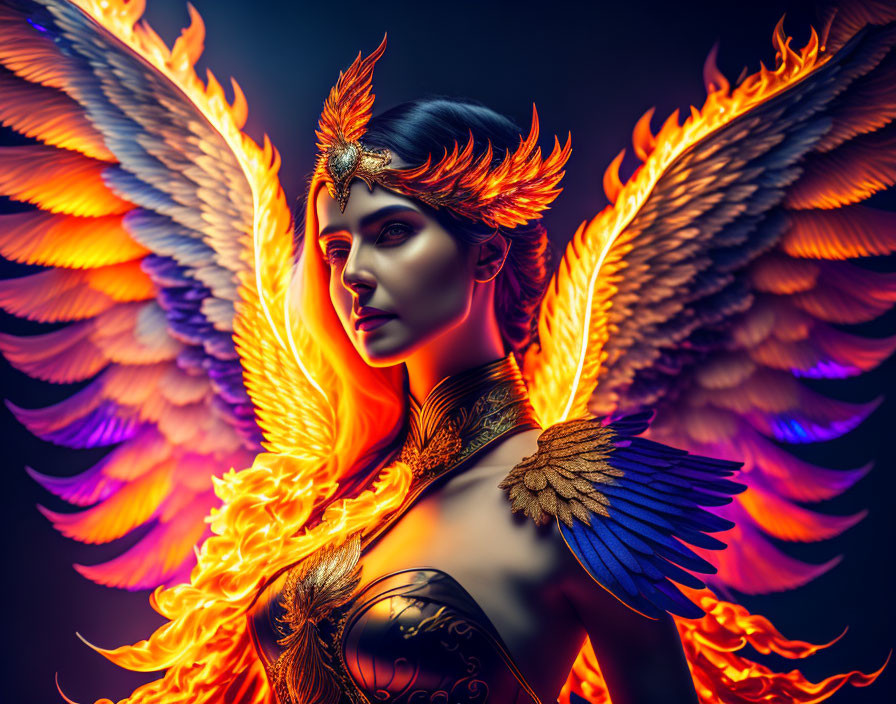 Colorful digital artwork of a woman with fiery wings and feathered accessories