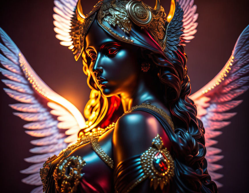 Illuminated statue of angelic figure with ornate armor and large wings