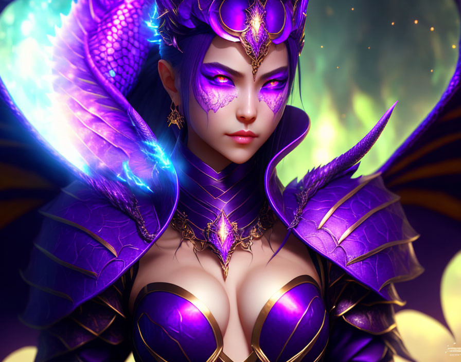 Fantasy digital artwork of female character in purple armor with magical butterfly wings