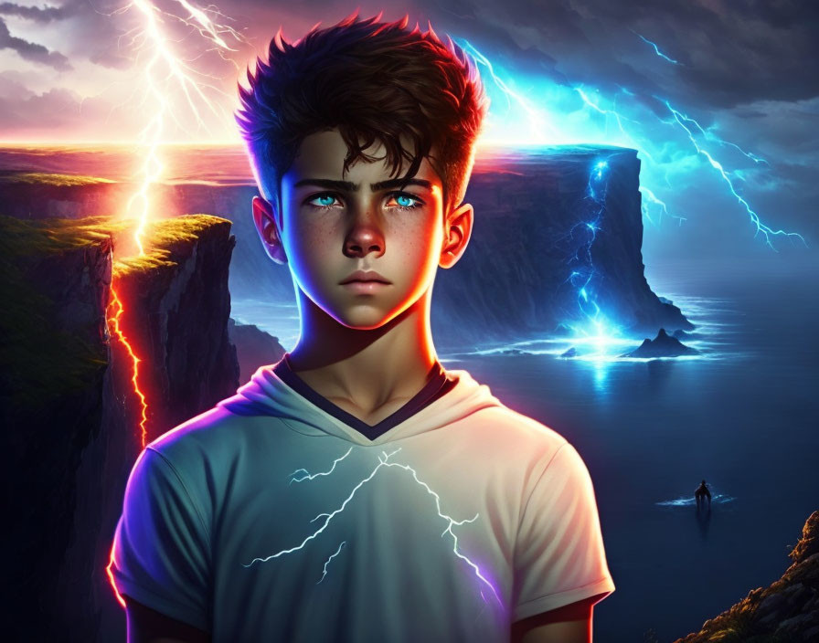 Digital artwork featuring young boy with glowing red eyes in dramatic seascape with lightning striking cliffs