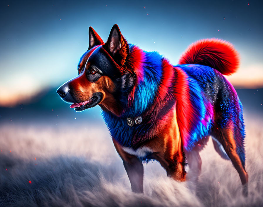 Vibrantly colored German Shepherd in twilight field with illuminated fur