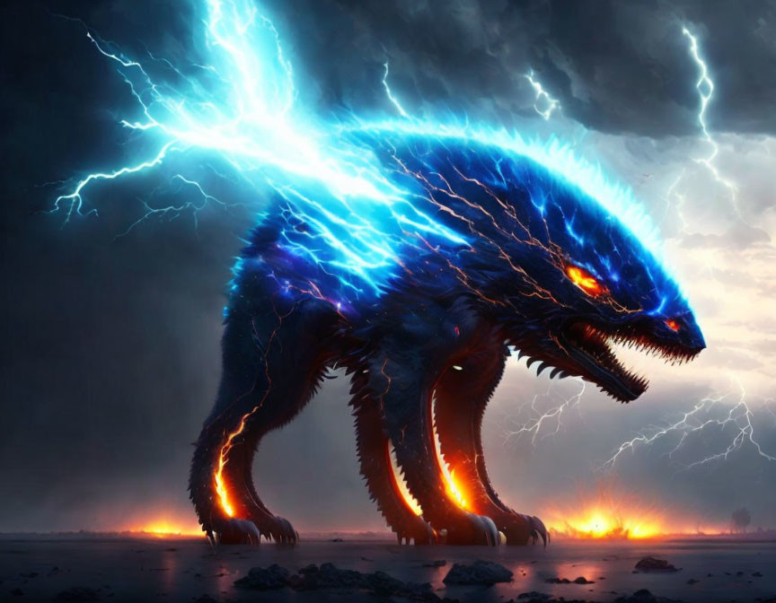 Menacing creature glowing with electricity in stormy backdrop