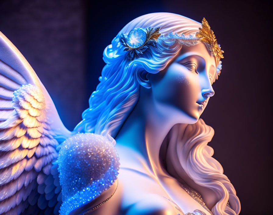 Vibrant angel statue with blue and orange lighting and intricate details