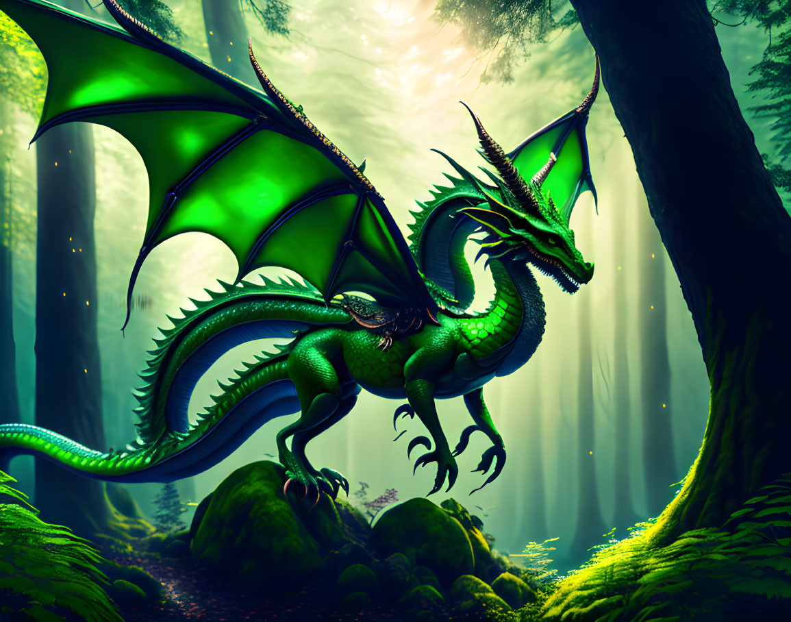 Green dragon with expansive wings in mystical forest with rays of light