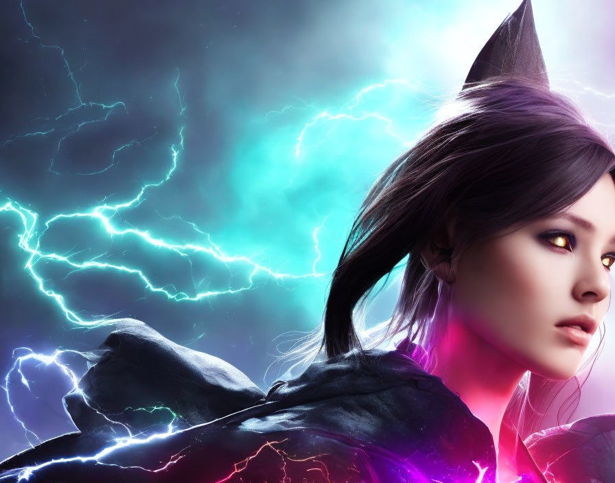 Digital artwork featuring woman with yellow eyes, pointed ears, black cloak, and lightning background