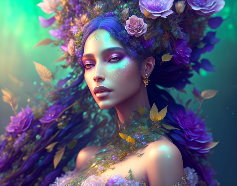 Surreal portrait of woman with purple flowers and glowing skin against green background