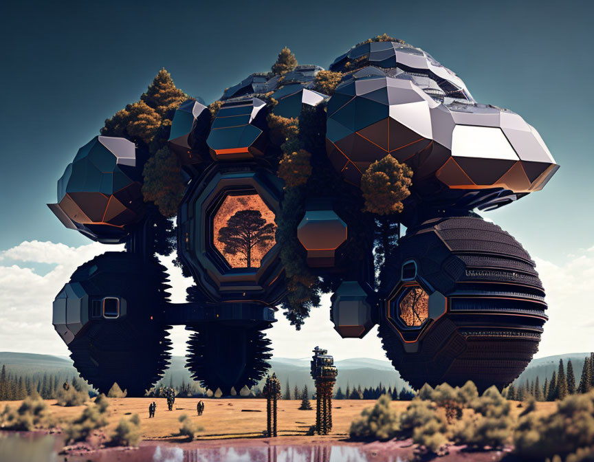 Spherical futuristic structure with geometric shapes and trees on serene landscape