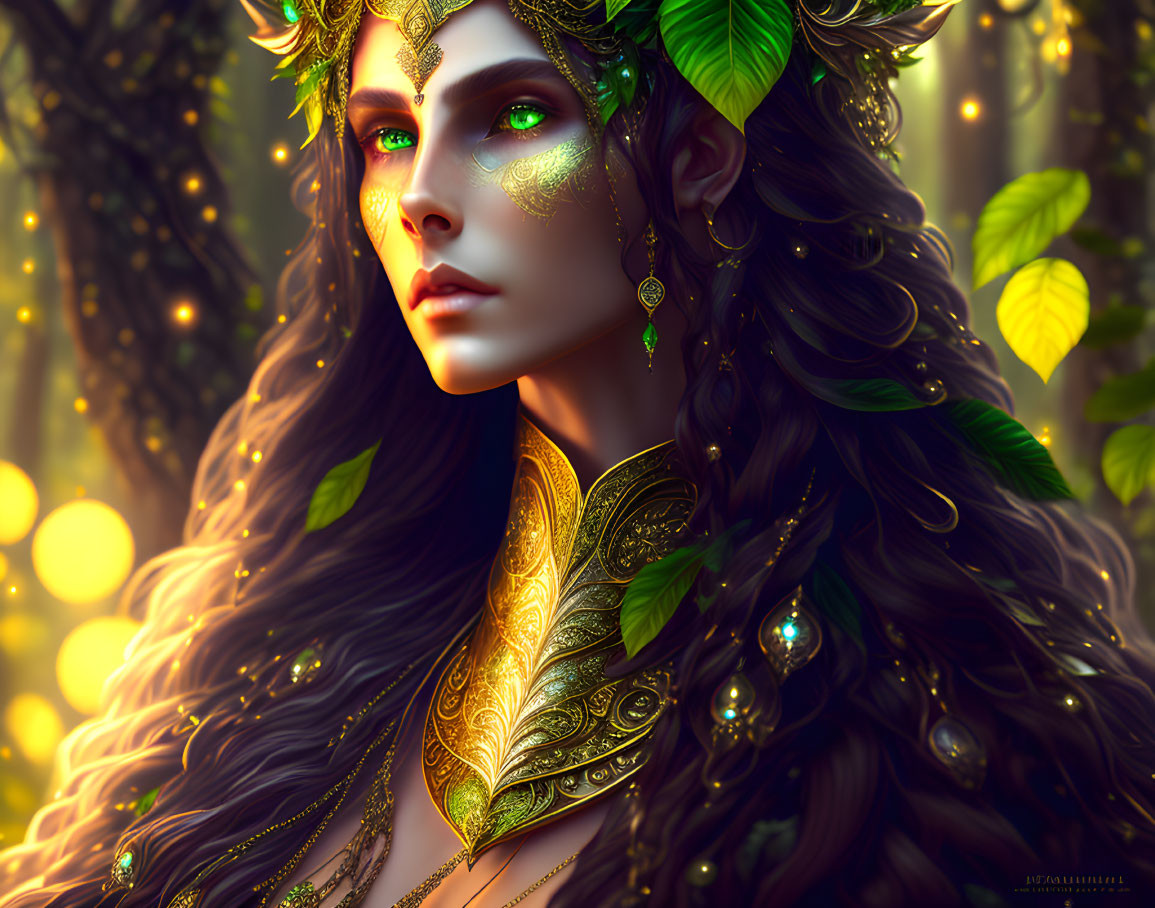 Illustration of forest goddess with green eyes, gold leafy adornments, and lush hair in verd