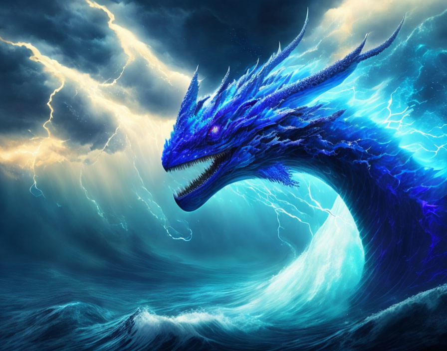 Majestic Blue Dragon Emerges from Stormy Seas