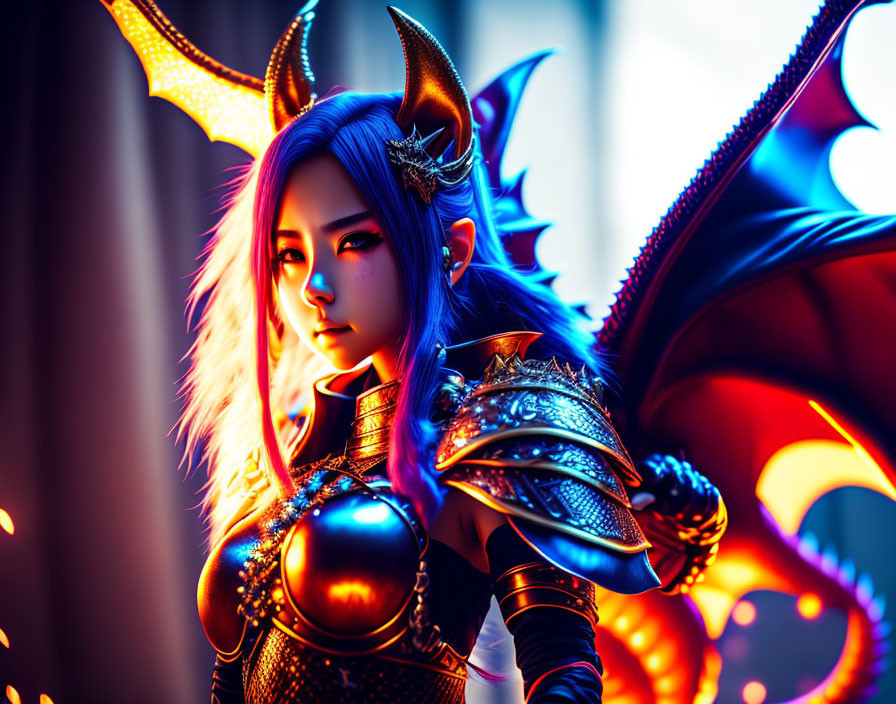 Fantasy armor with dragon wings under blue and red lighting