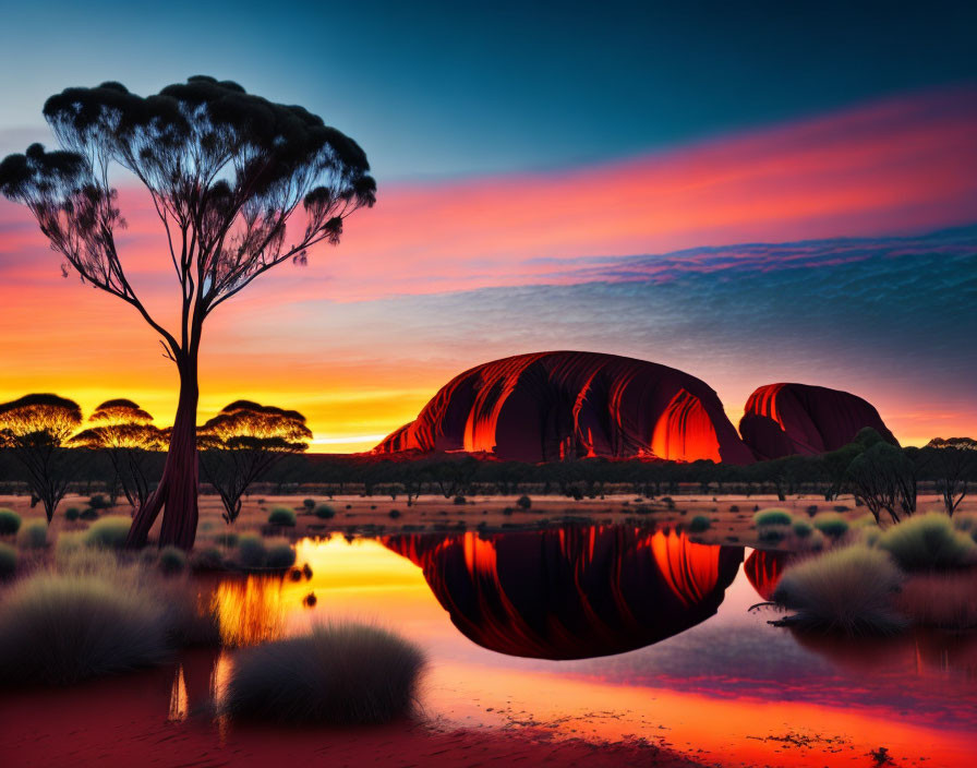 Colorful Sunset Sky Reflection Over Uluru and Silhouetted Vegetation