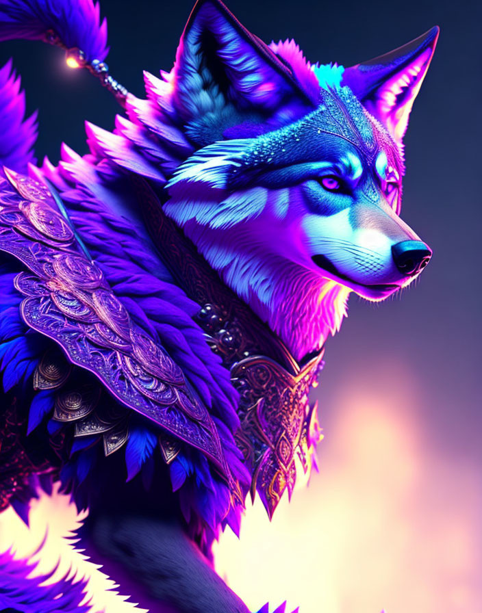 Majestic wolf illustration with purple and blue fur and ornate armor.