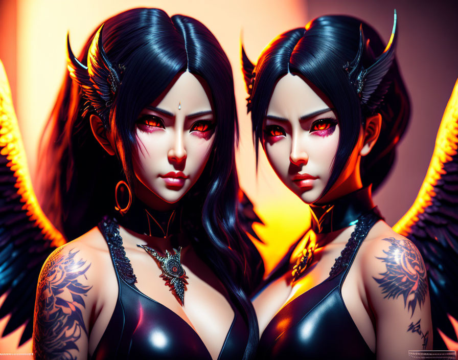 Identical Female Fantasy Characters with Dark Angel Wings, Horns, and Tattoos