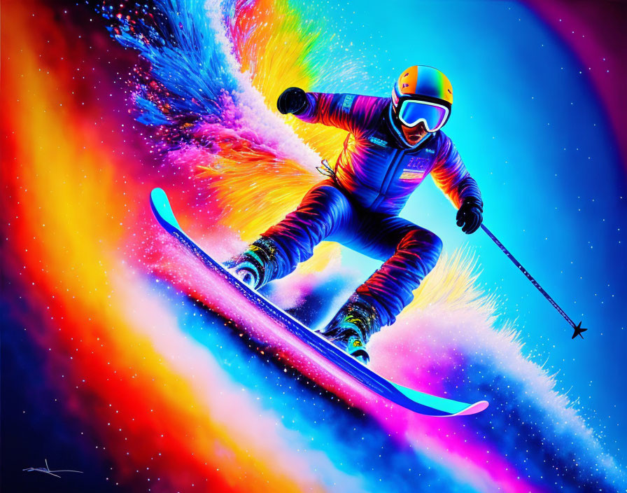 Colorful Skier Jumping in Purple Suit on Neon Background