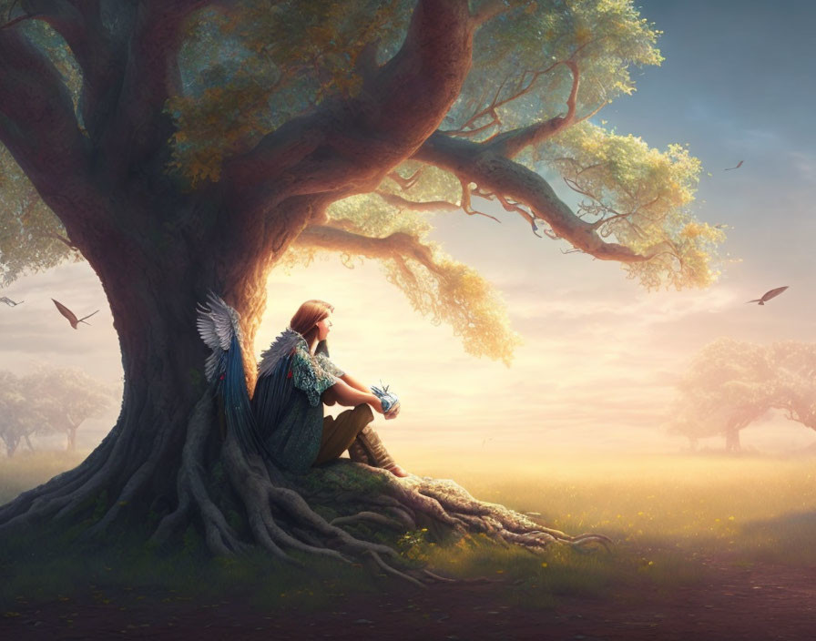 Fantasy scene: winged female with book under majestic tree