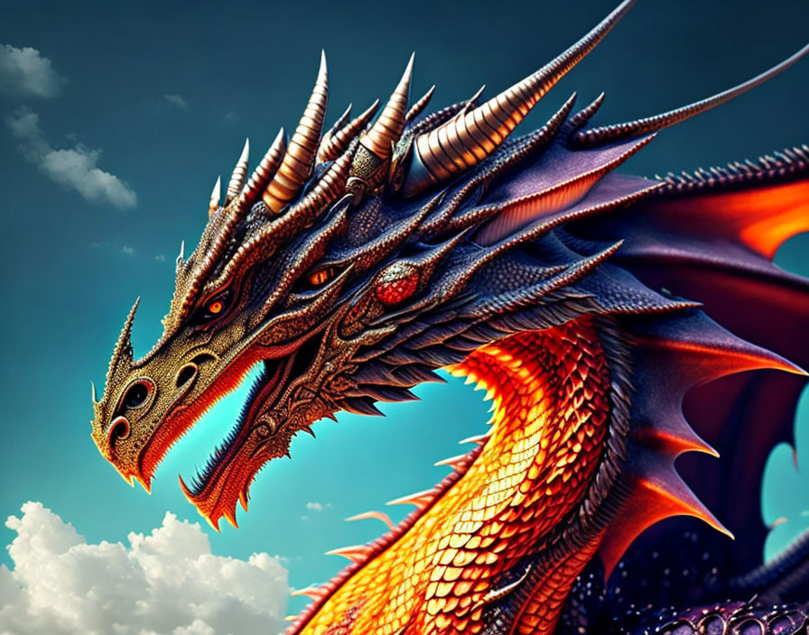 Detailed Illustration: Multi-Headed Dragon with Intricate Scales under Blue Sky