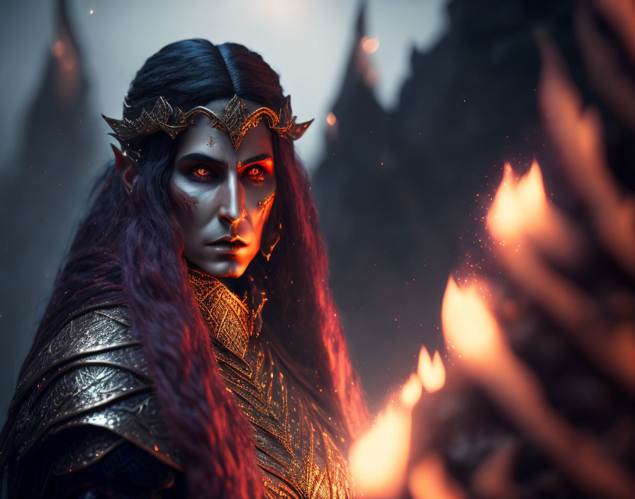 Fantasy character in dark makeup, golden crown, and armor against fiery backdrop