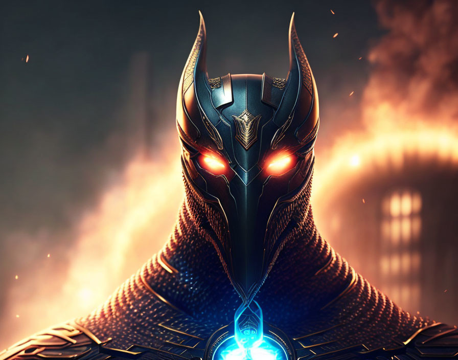 Dark Suit with Glowing Red Eyes and Horned Helmet in Fiery Setting