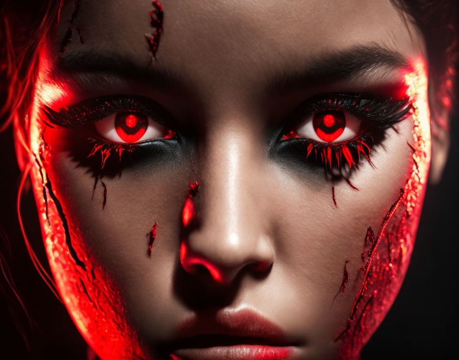 Intense red-eyed person with black makeup and blood on lashes