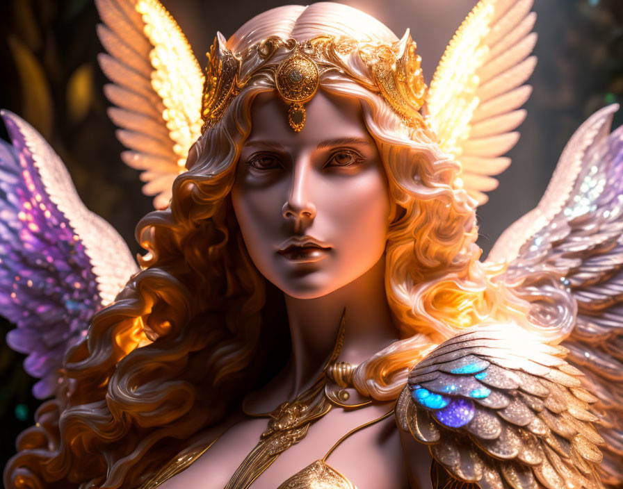 Golden armored fantasy figure with wings and intricate headdress on dark background