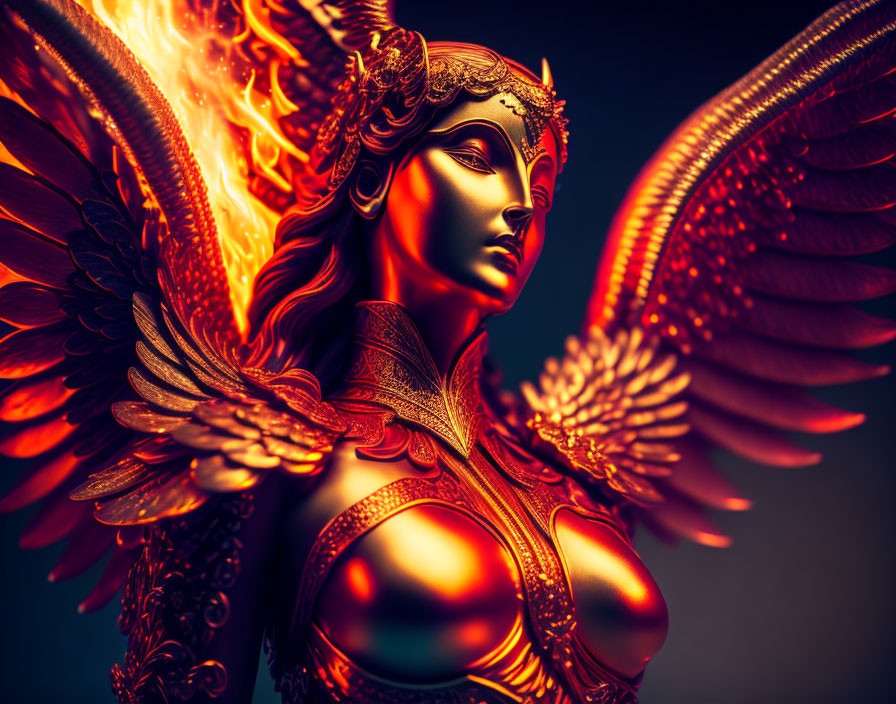 Fiery-winged armored female figure with intricate headgear and flame-like colors.