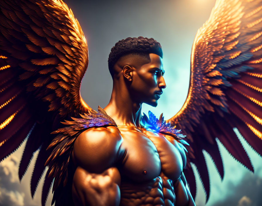 Muscular figure with vibrant wings against dramatic sky.