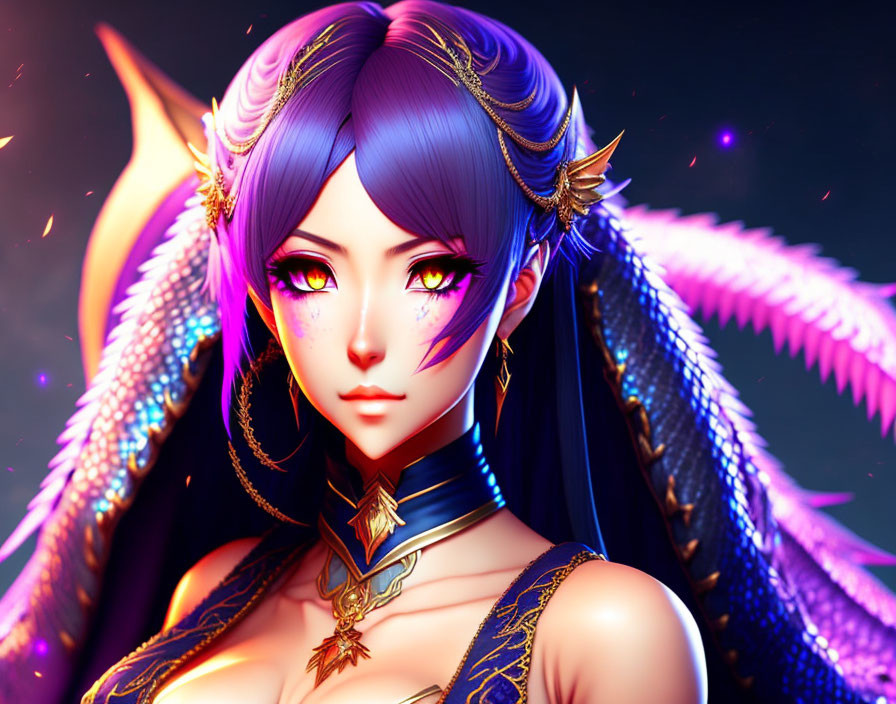 Fantasy digital artwork: Female character with purple hair, violet eyes, golden jewelry, feathered wings