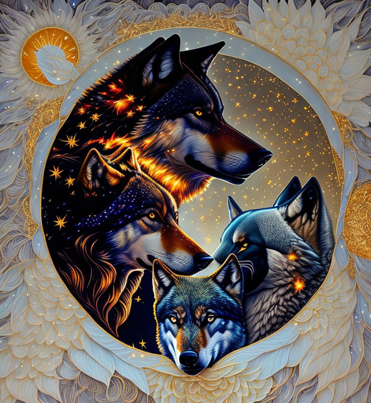 Four wolves in cosmic scene with crescent moon on ornate background