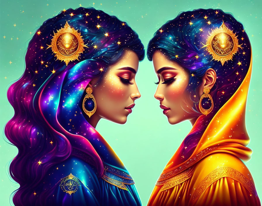 Illustrated female figures with star-infused hair and ornate headdresses on cosmic background