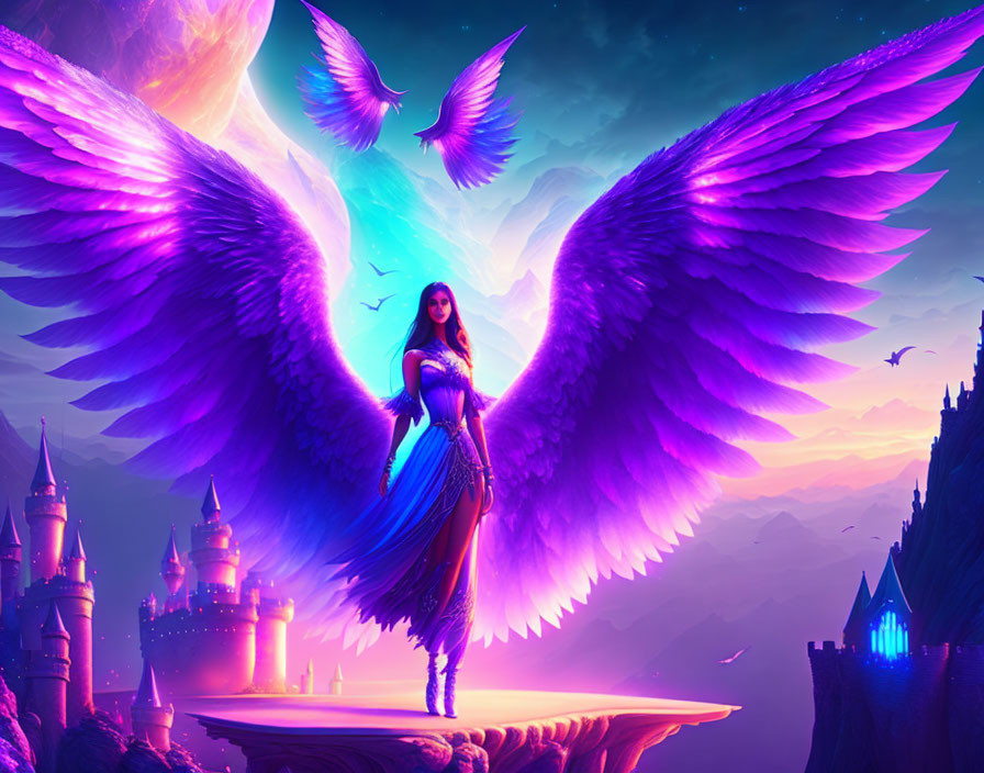 Fantastical image: Woman with purple wings on floating platform in magical twilight sky