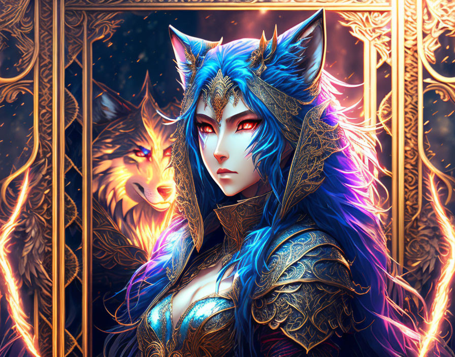 Mystical woman with cat-like features and blue hair in ornate armor, wolf motif.