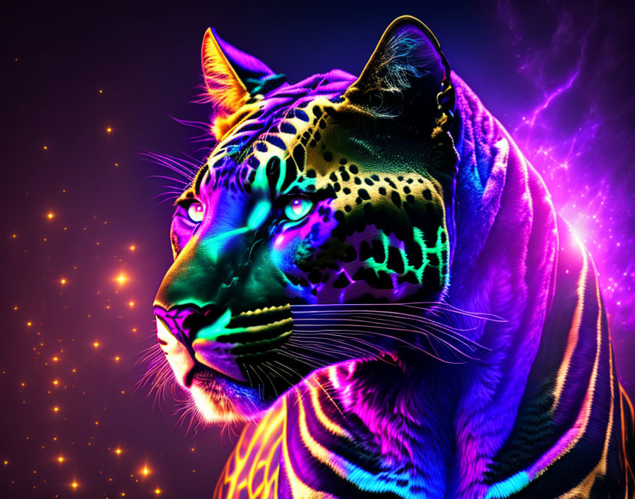 Neon Tiger Art on Cosmic Purple Background