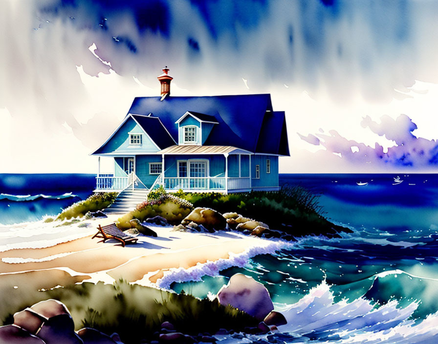 Seaside cottage with red roof under stormy sky by ocean waves